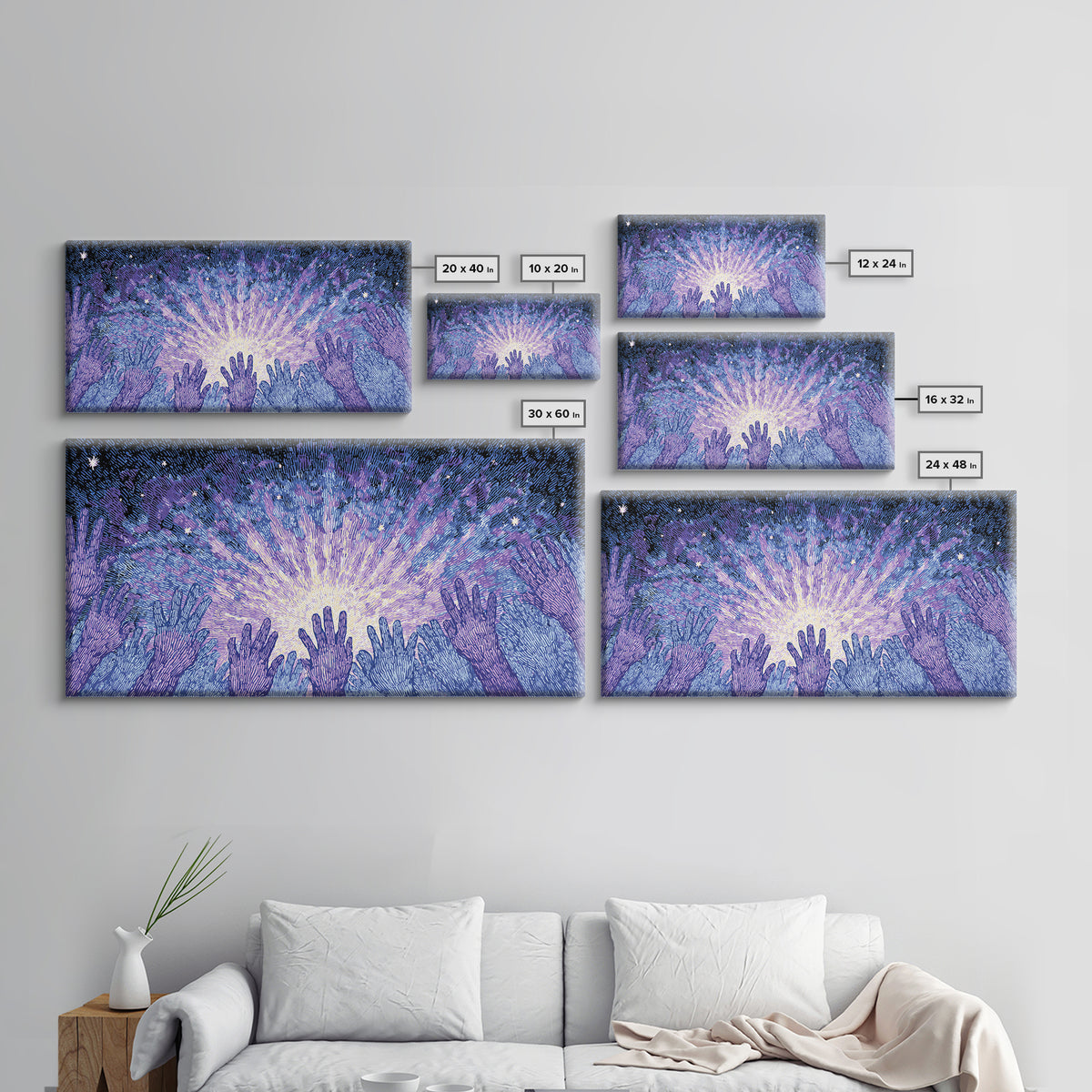 Hands Reaching Toward Light Wall Art, Mystical Spiritual Canvas Decor, Blue Purple Starburst, Dreamy Meditation Gift For Home