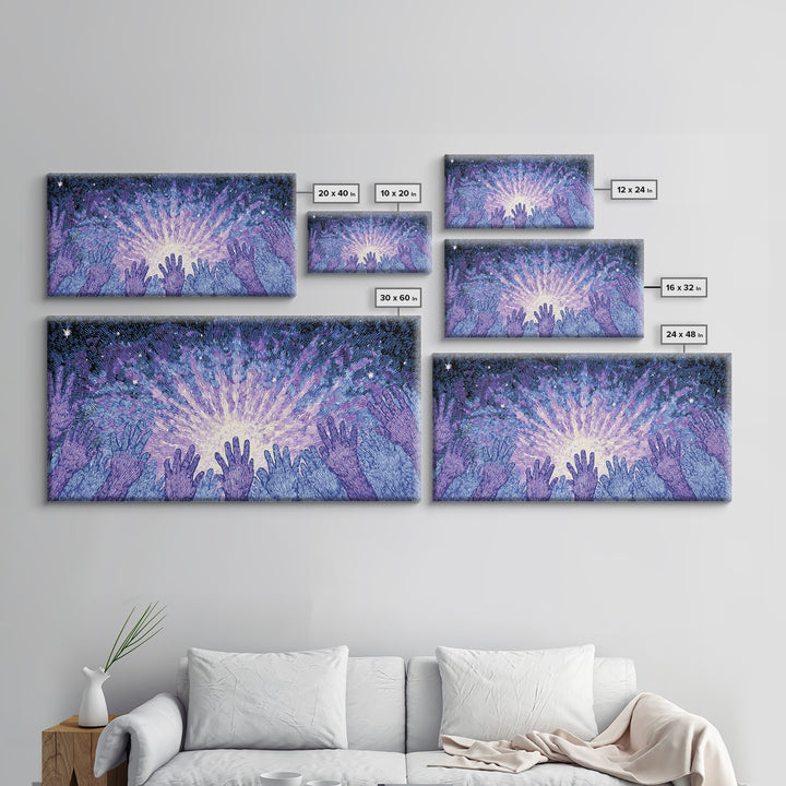 Hands Reaching Toward Light Wall Art, Mystical Spiritual Canvas Decor, Blue Purple Starburst, Dreamy Meditation Gift For Home