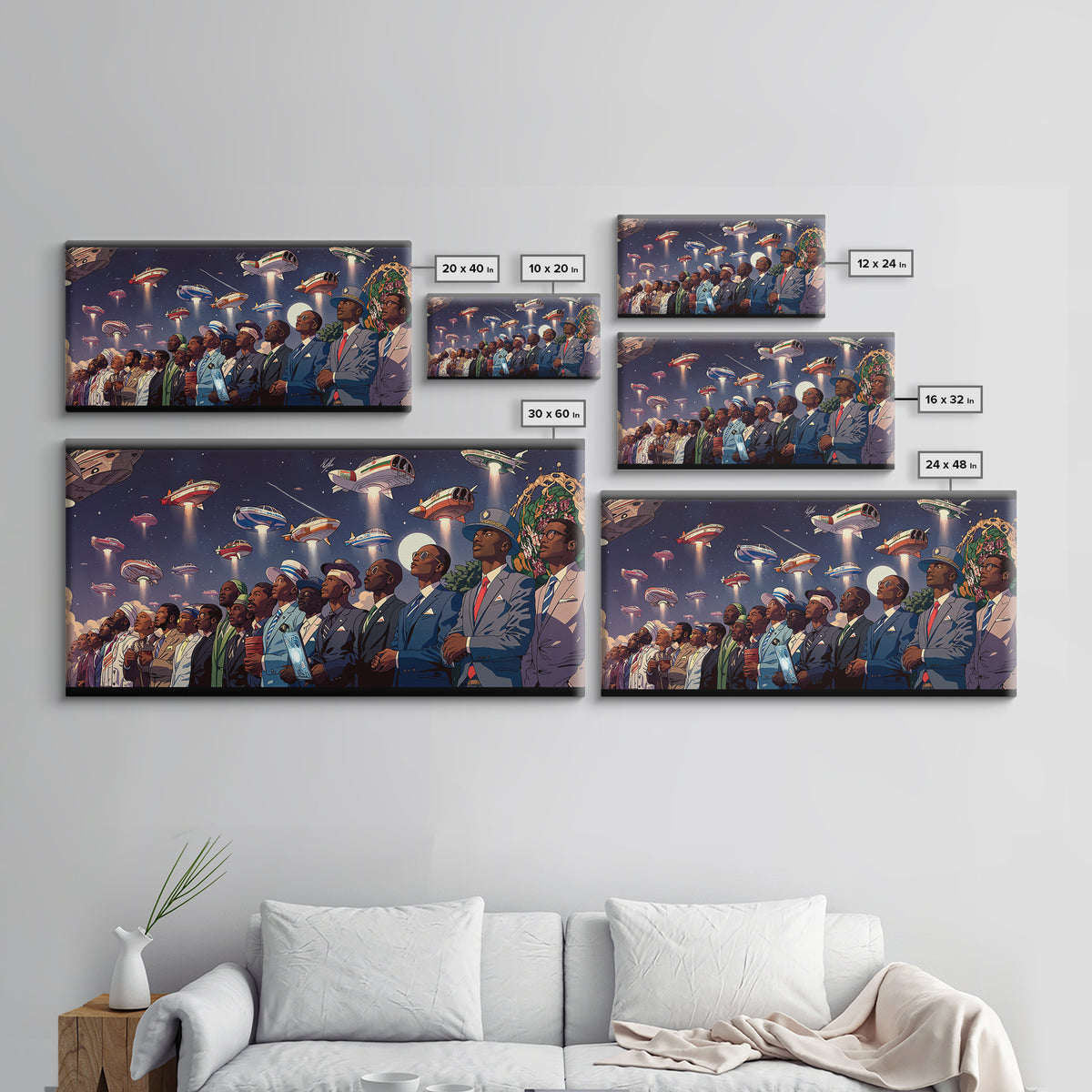 Afrofuturist Skywatchers Canvas Print, Black Men In Suits With Ufo Ships, Modern Afro Wall Decor, Unique Sci Fi Statement Home Decor Gift