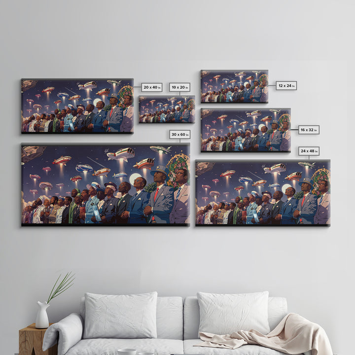Afrofuturist Skywatchers Canvas Print, Black Men In Suits With Ufo Ships, Modern Afro Wall Decor, Unique Sci Fi Statement Home Decor Gift