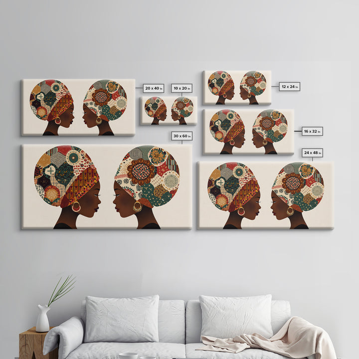 Twin African Women In Ankara Headwraps Canvas Print, Black Woman Wall Art, Afrocentric Decor, Elegant Cultural Home Decor