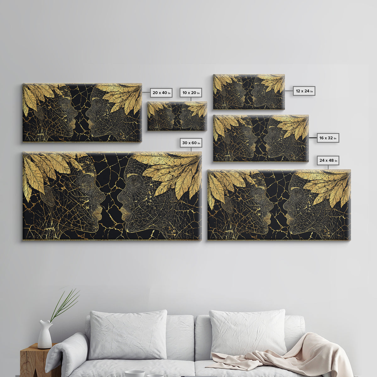 Gold Leaf African Profile Faces Wall Art, Black Gold Abstract Portrait, Afrocentric Canvas Print, Elegant Cultural Decor