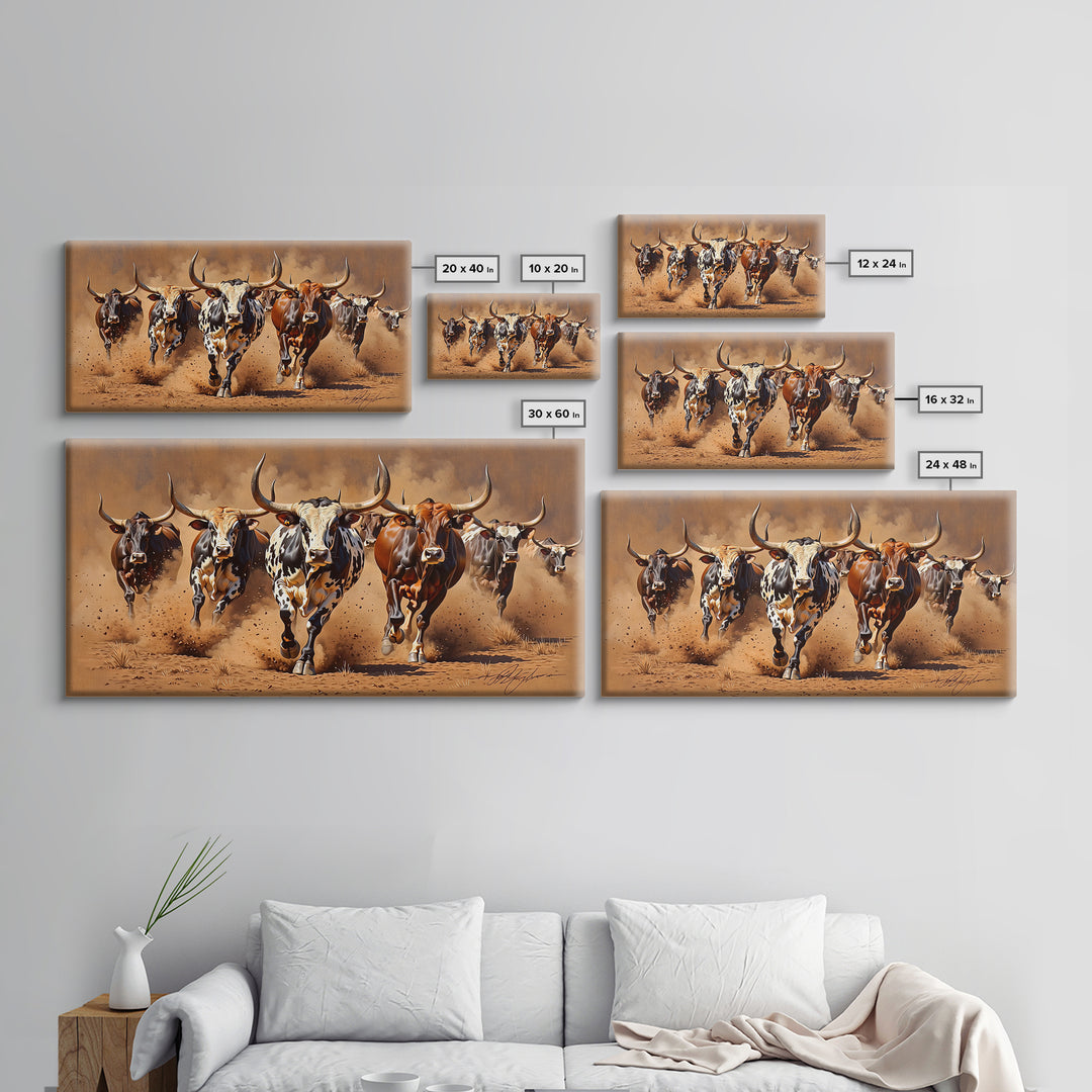 Charging Longhorn Cattle Canvas Print, African Safari Animal Art, Rustic Western Wall Art, Brown Dusty Ranch Home Decor Gift