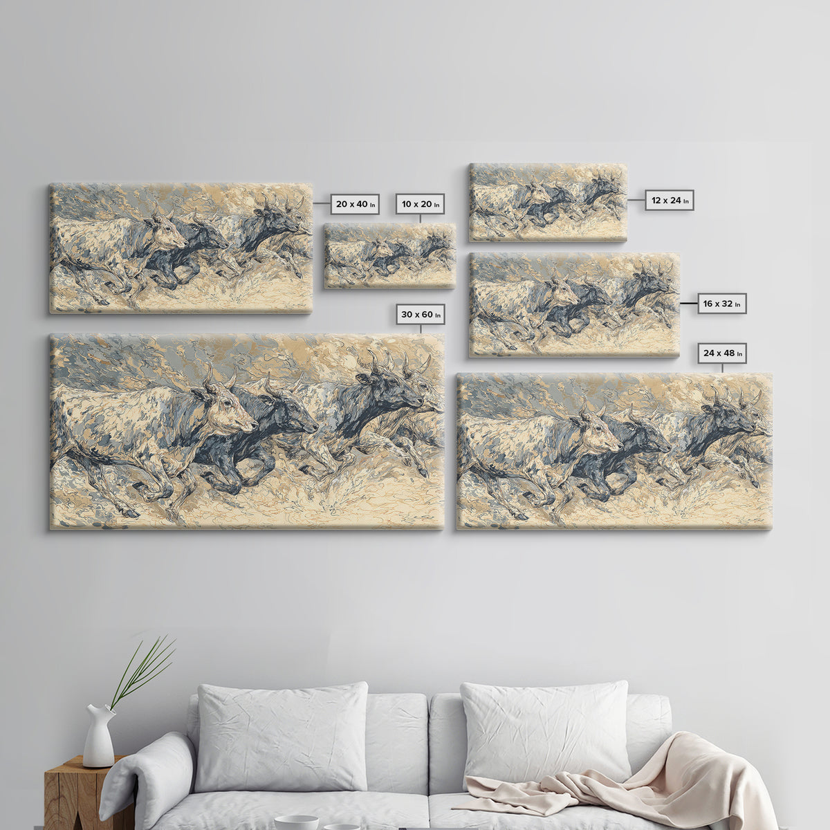 White Cattle Herd In Dusty Motion Framed Canvas Print, African Animal Art, Safari Wall Art, Beige Blue Rustic Home Decor