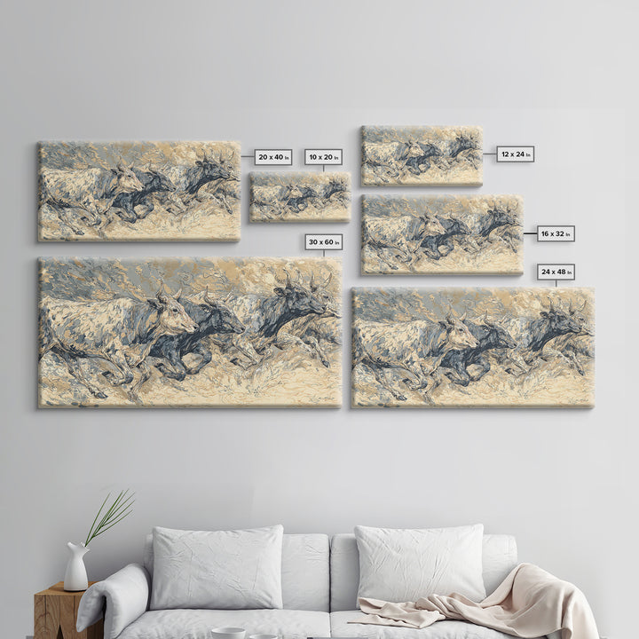 White Cattle Herd In Dusty Motion Framed Canvas Print, African Animal Art, Safari Wall Art, Beige Blue Rustic Home Decor