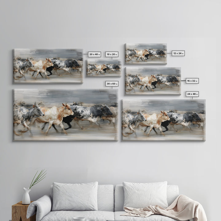 Blurred Running Cattle Herd Canvas Print, African Safari Wall Art, Modern Animal Painting, Neutral Rustic Living Room Decor