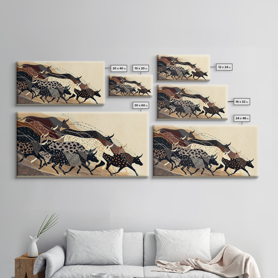 Patterned Cattle Herd Wall Art, Boho African Animal Art, Tribal Textile Canvas Print, Earth Tone Safari Unique Home Decor Gift