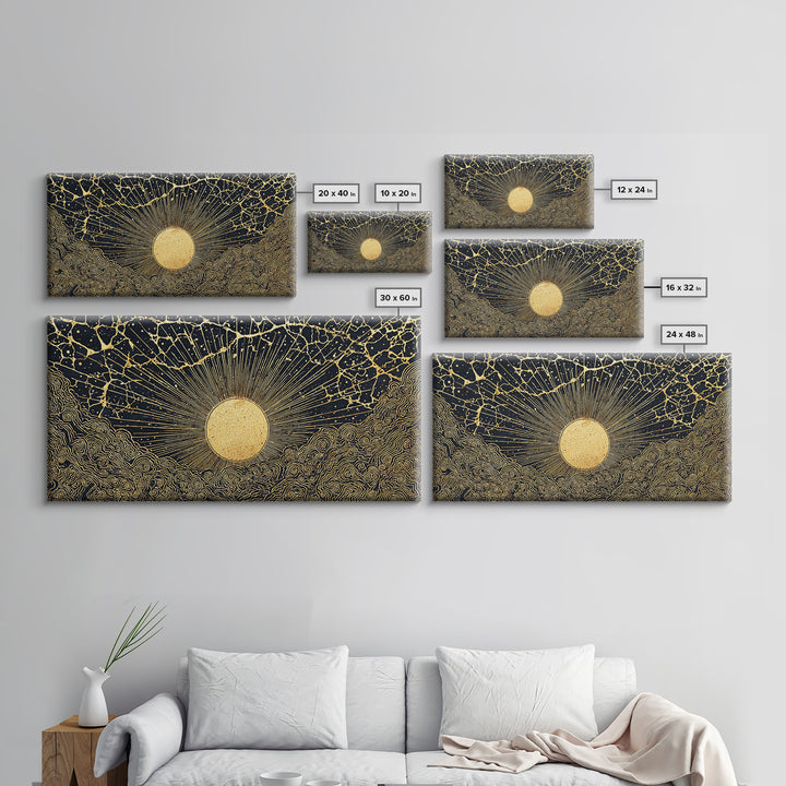 Golden Sunburst Over Black Waves Wall Art, African Inspired Abstract, Black And Gold Decor, Luxury Canvas For Living Room