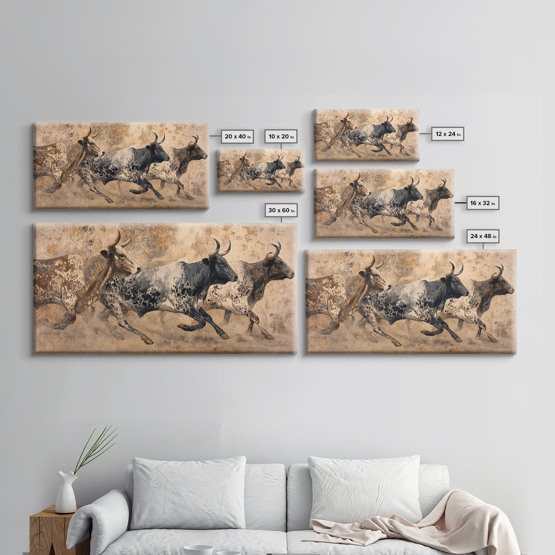 Running African Cattle Canvas Print, Rustic Safari Animal Painting, Earth Tone Wall Decor, Modern Farmhouse Home Decor, Housewarming Gift