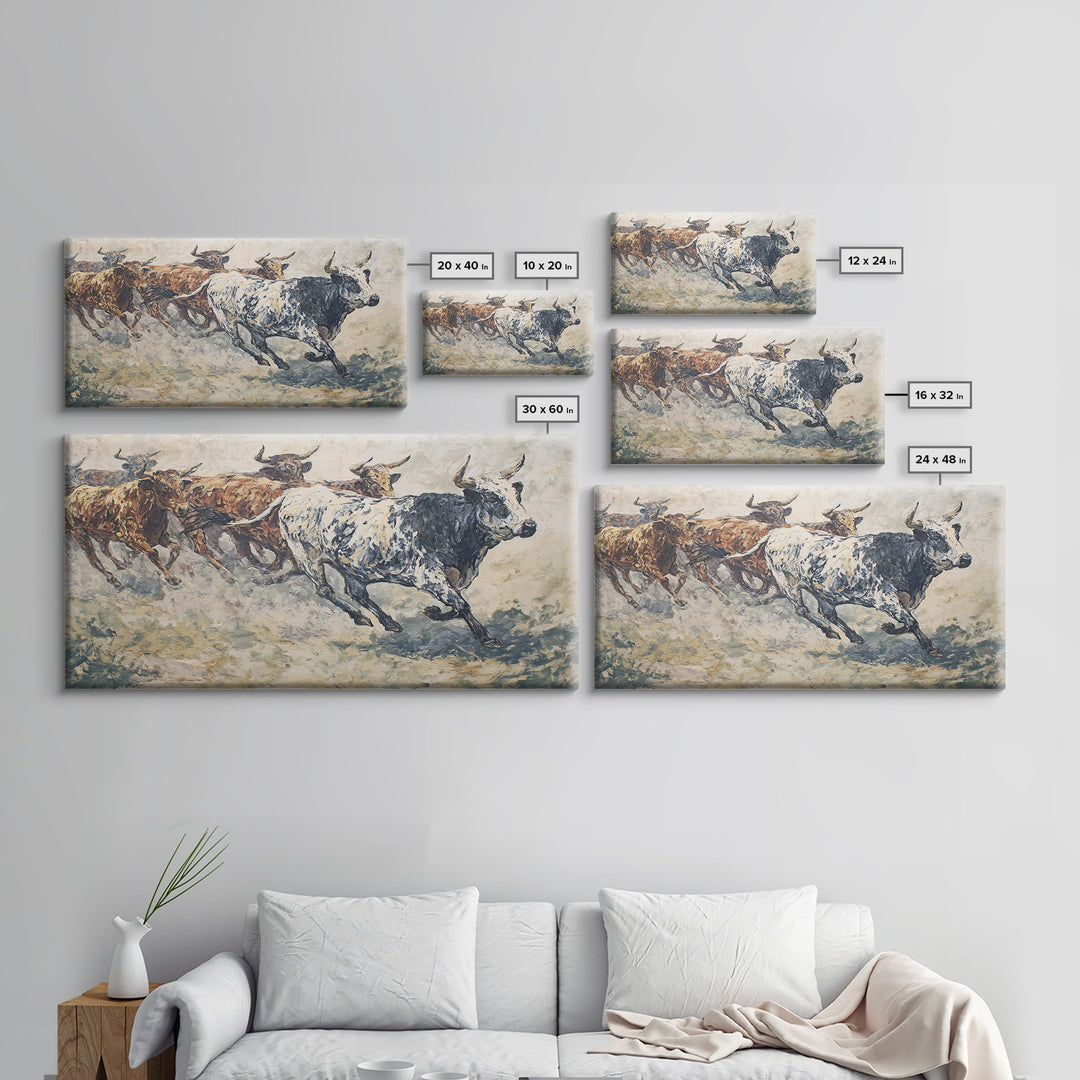 Textured Longhorn Cattle Framed Canvas Print, African Safari Wall Art, Rustic Animal Painting, Neutral Living Room Decor