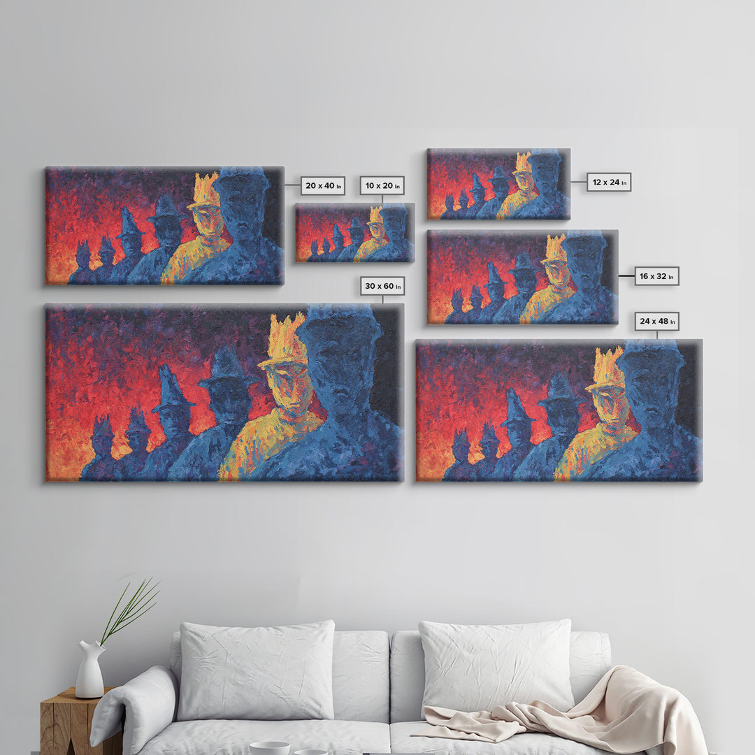 Fiery Blue And Gold Figures Framed Canvas Print, African Warrior Art, Bold Abstract Black Art, Vibrant Statement Home Decor