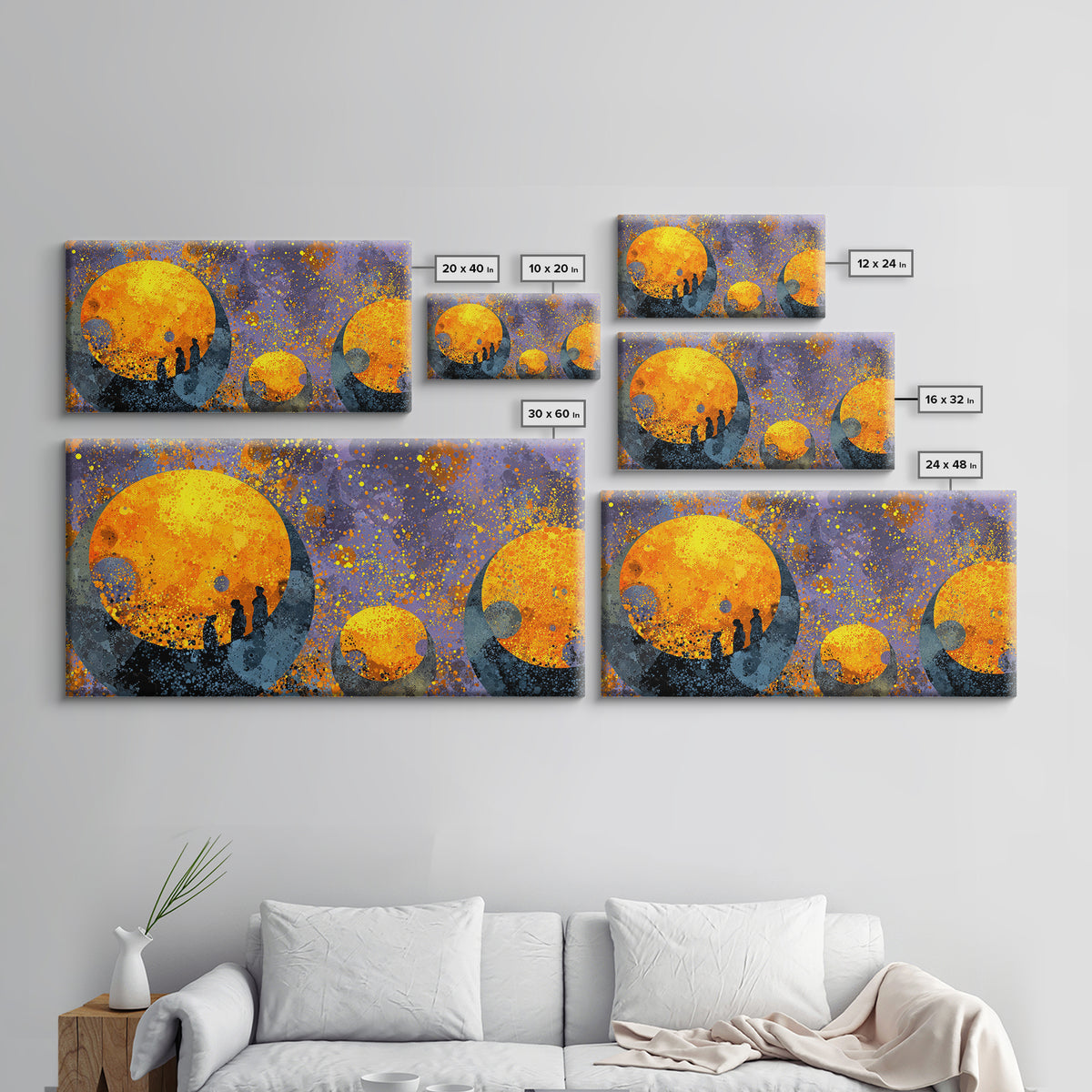 Orange Moon Figures Wall Art, African Inspired Abstract Landscape, Black Silhouette Home Decor, Afrofuturism Canvas Print