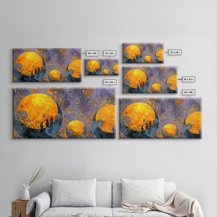 Orange Moon Figures Wall Art, African Inspired Abstract Landscape, Black Silhouette Home Decor, Afrofuturism Canvas Print