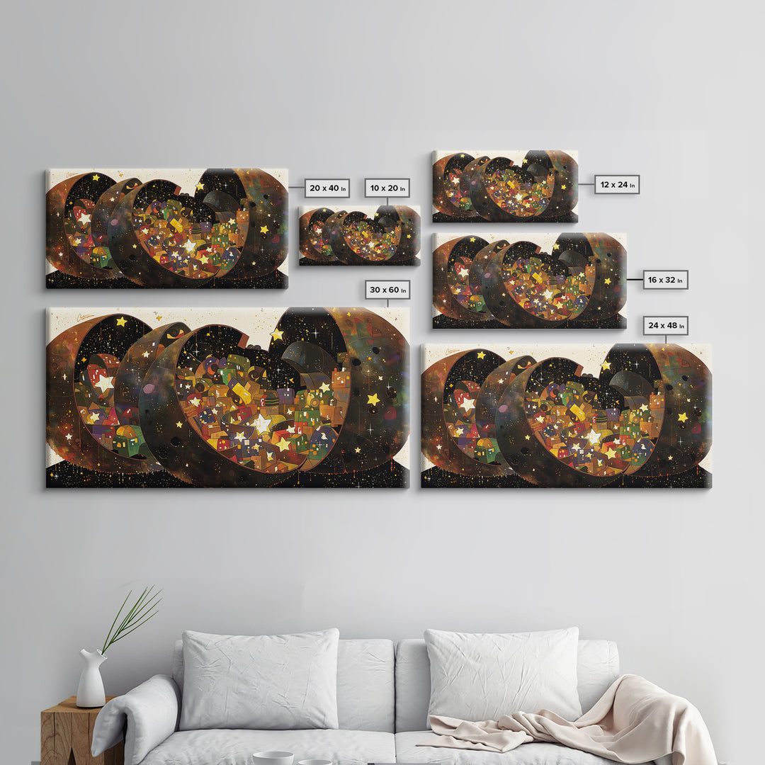 Celestial Crescent Star Village Wall Art, African Inspired Abstract, Black Gold Canvas Print, Whimsical Boho Decor Gift For Her