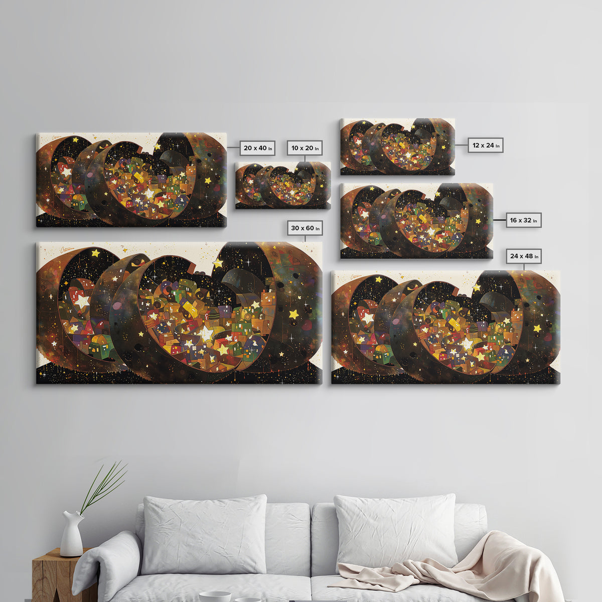 Celestial Crescent Star Village Wall Art, African Inspired Abstract, Black Gold Canvas Print, Whimsical Boho Decor Gift For Her