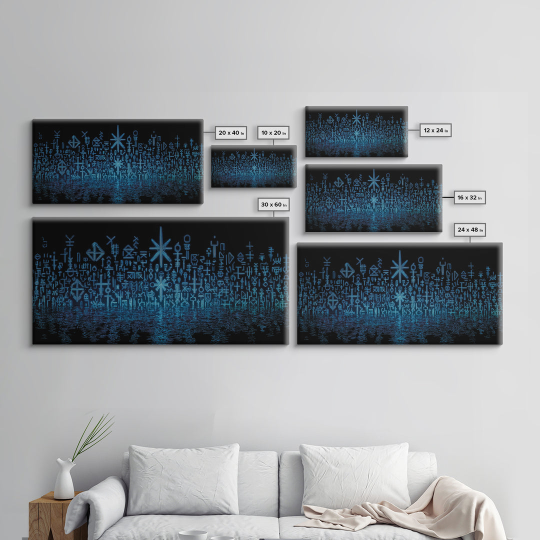 Blue Glowing Ancestral Symbols Over Water Canvas Print, African Abstract Art, Spiritual Wall Art, Mystical Wall Decor Gift