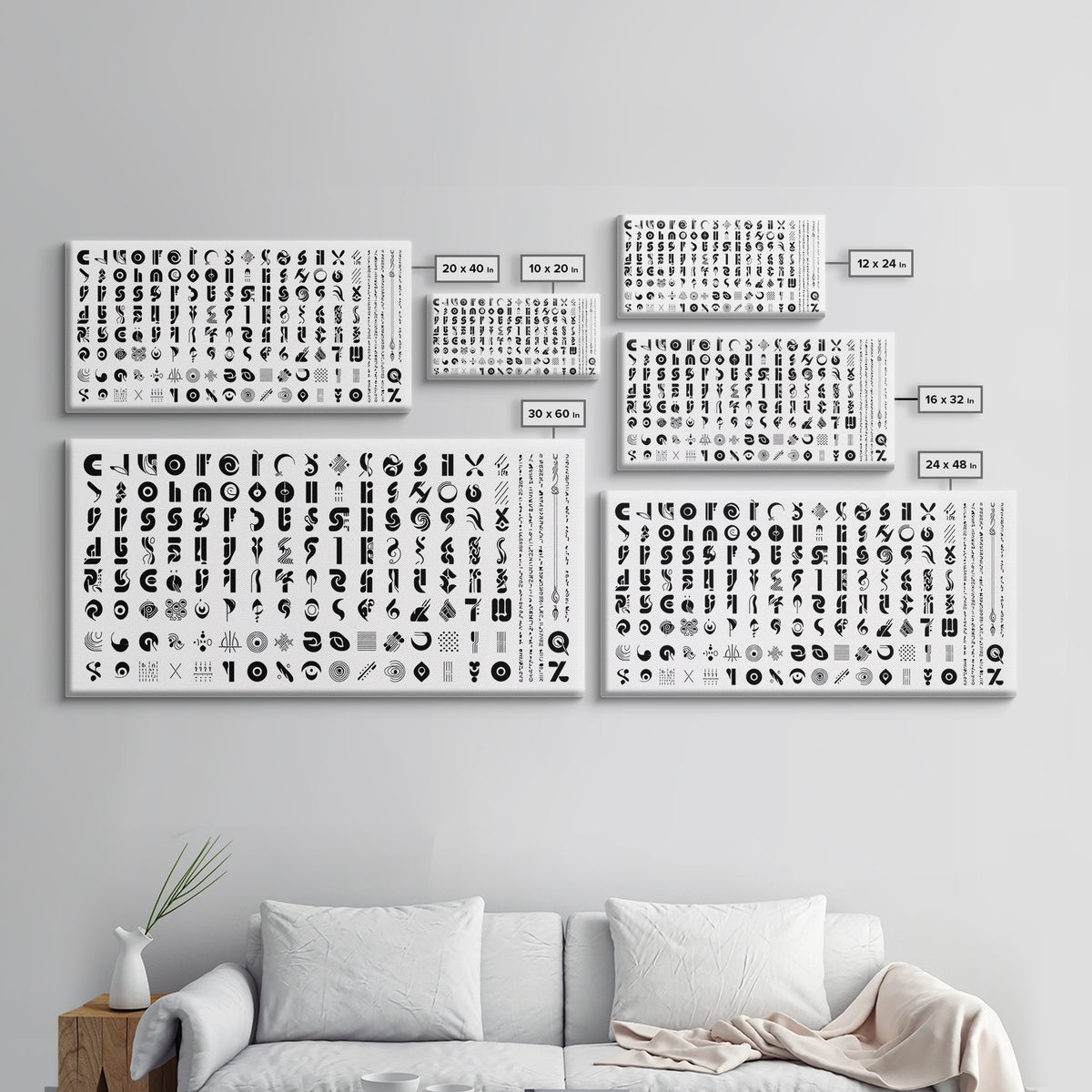 Black Abstract Symbol Alphabet On White Wall Art, African Patterns, Geometric Wall Art, Minimalist Canvas Print Decor Gift