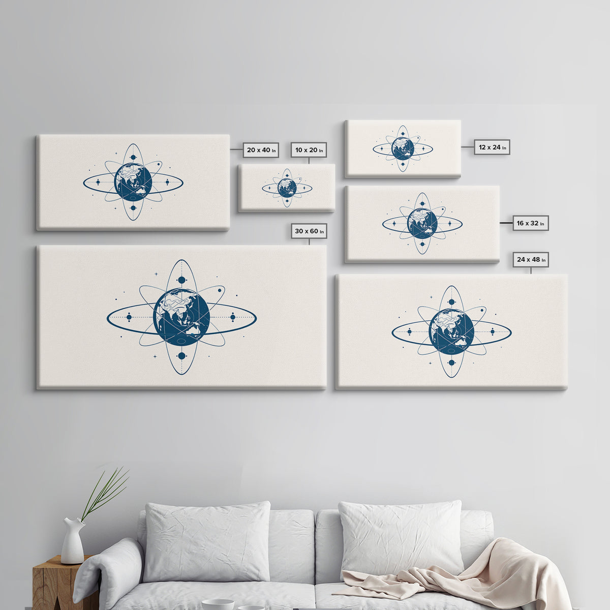 Blue Earth Atom Wall Art, Minimalist Globe Orbit Illustration, Science Inspired Canvas Print, Modern Office Decor For Home