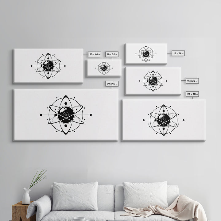 Minimalist Black Earth Atom Canvas Print, Globe Orbit Line Art, Modern Science Wall Art, Clean Office Decor For Home Gift