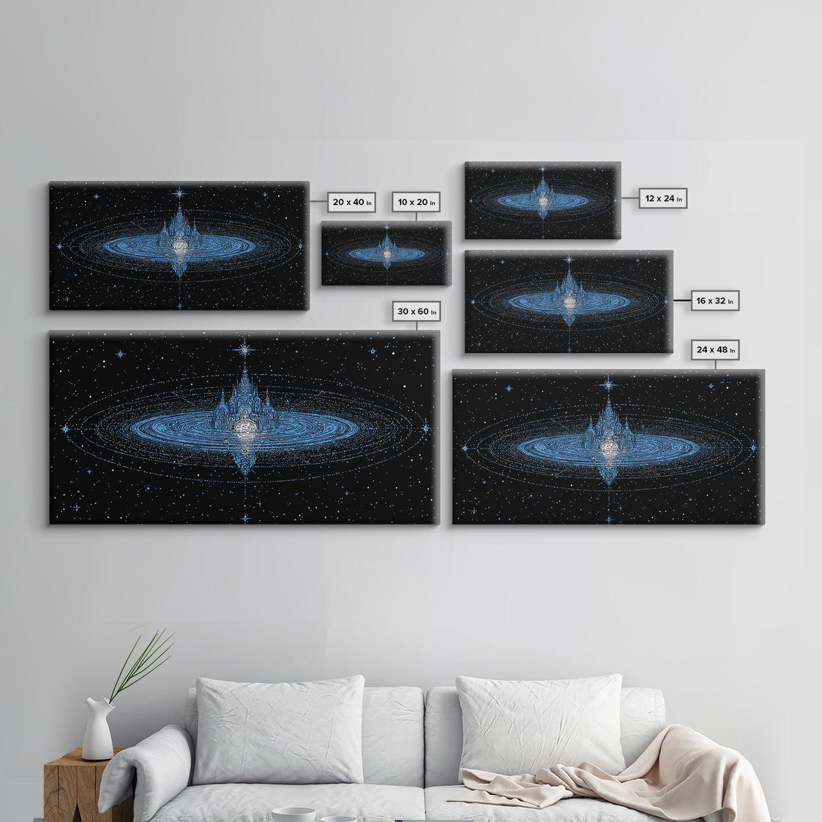Blue Star City Wall Art, Cosmic Castle On Water, Dreamy Celestial Canvas Print, Mystical Night Sky Decor For Bedroom Gift