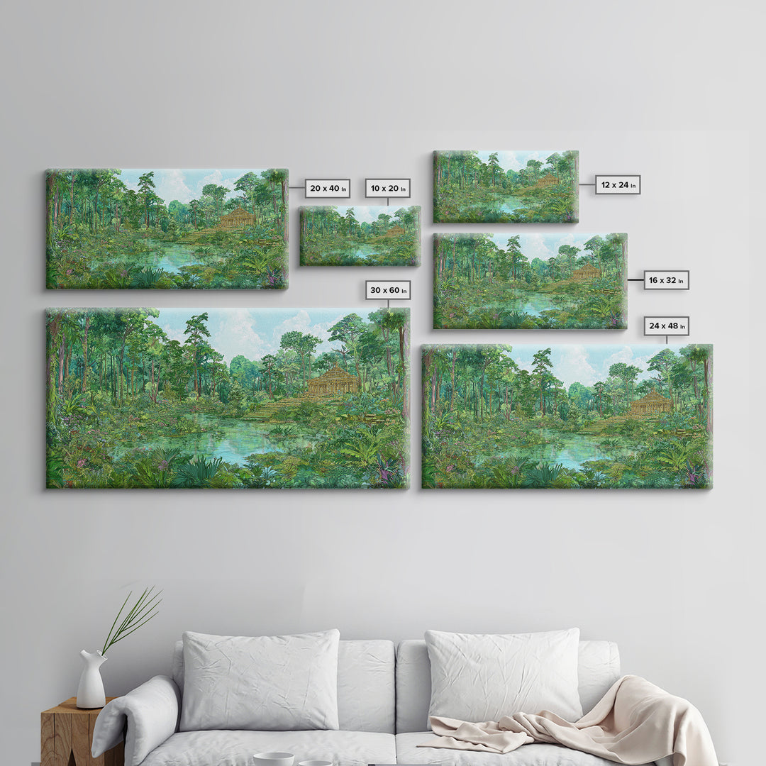 Lush Jungle Temple Wall Art, Tropical Lagoon Landscape, Green Nature Canvas Print, Serene Boho Home Decor Gift For Living Room