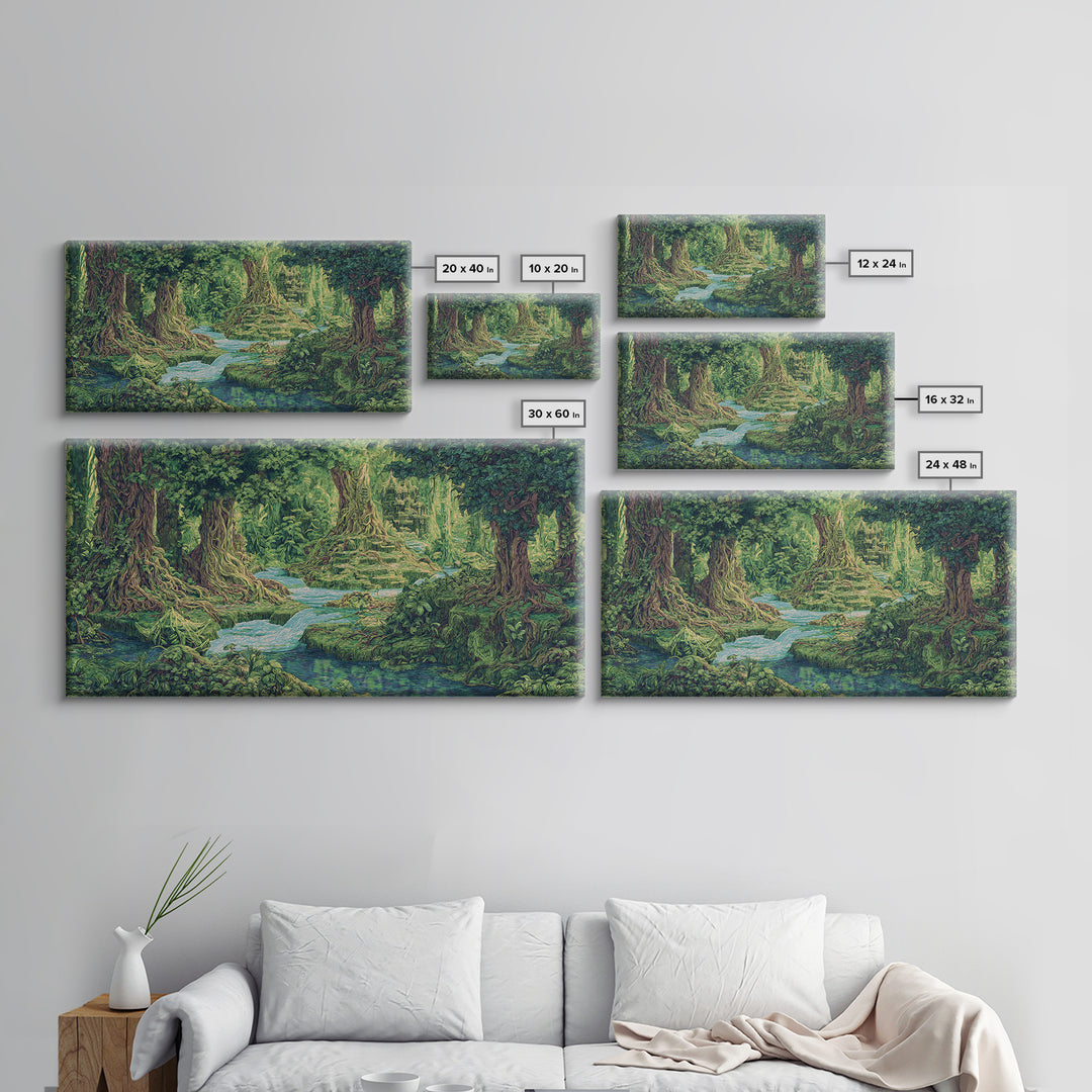 Ancient Jungle Stream Canvas Print, Fantasy Forest Ruins, Green Nature Wall Art, Tropical Landscape Decor For Living Room