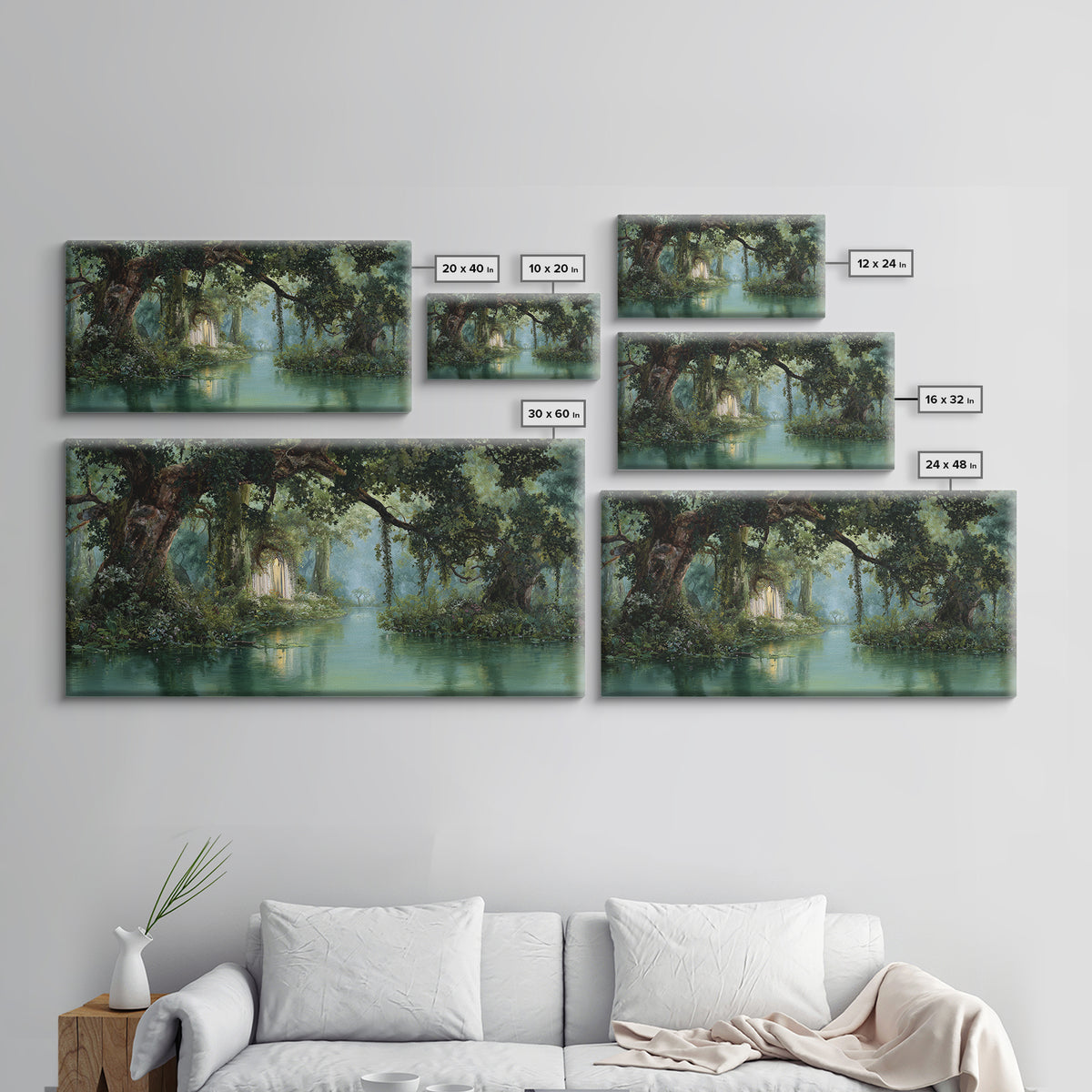 Misty Bayou Forest Wall Art, Dreamy River Landscape, Ancient Trees Canvas Print, Elegant Green Nature Decor For Home Gift