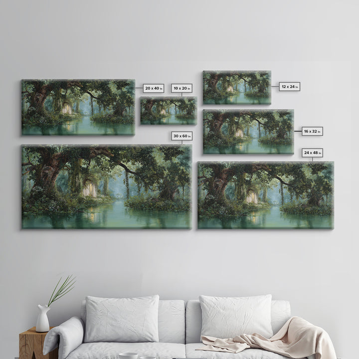 Misty Bayou Forest Wall Art, Dreamy River Landscape, Ancient Trees Canvas Print, Elegant Green Nature Decor For Home Gift