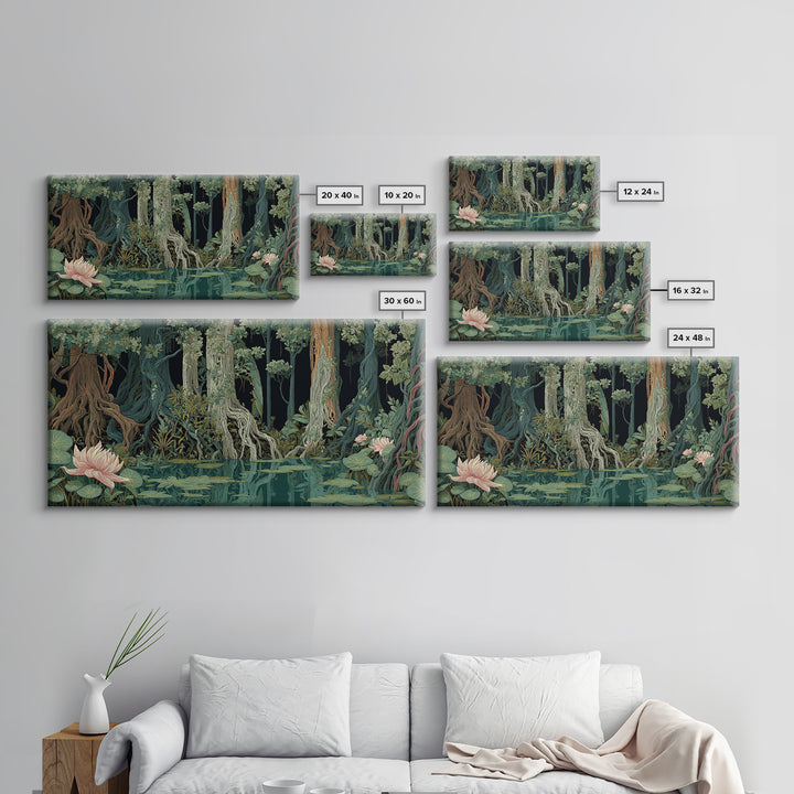 Dark Mangrove Swamp With Lotus Flowers Wall Art, Moody Jungle African Landscape, Boho Nature Canvas, Living Room Decor Gift