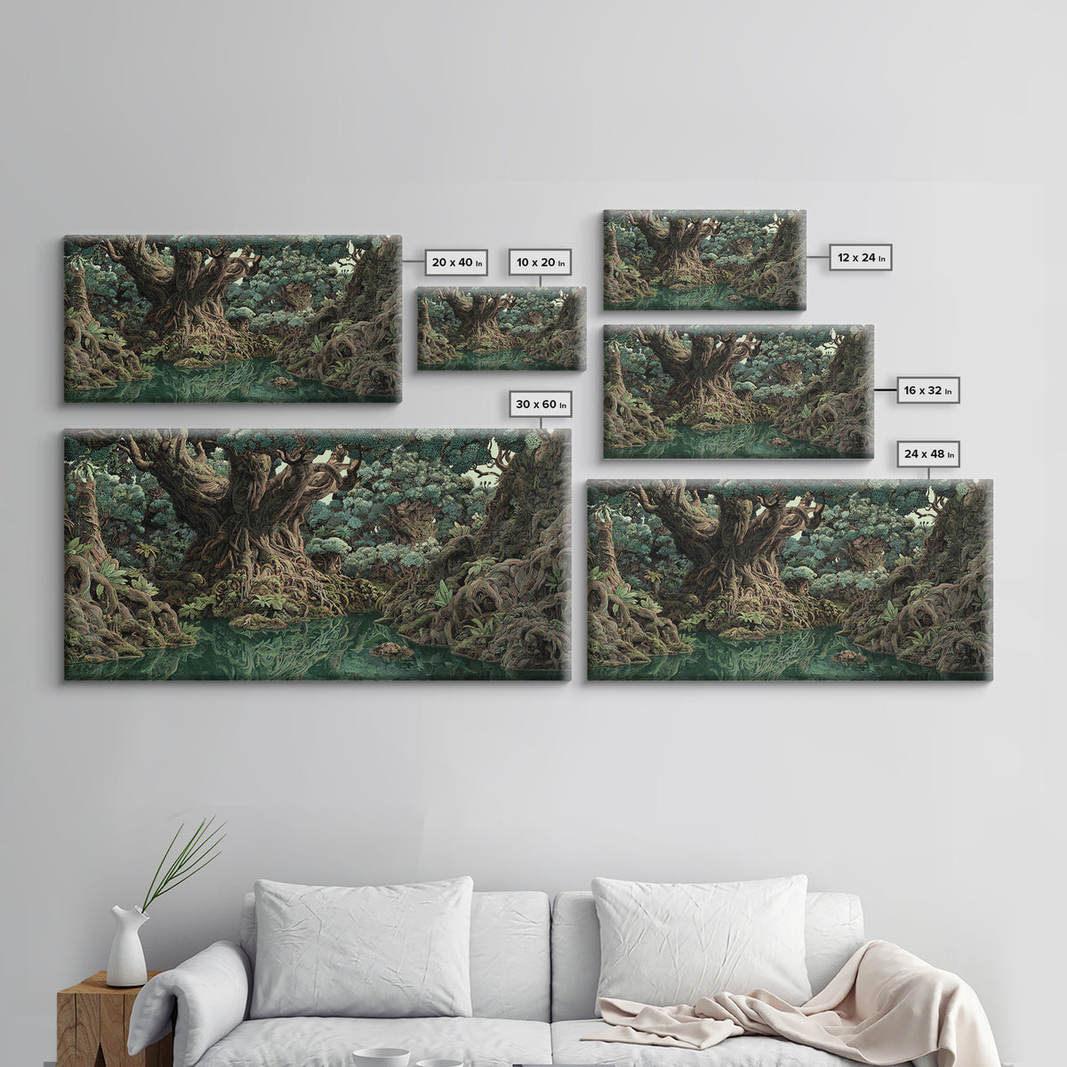 Ancient Banyan Tree Lagoon Canvas Print, Mystical Jungle African Landscape Wall Art, Boho Nature Decor, Statement Home Gift