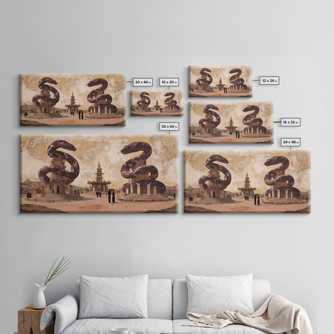 Twin Serpent Desert Plaza Framed Canvas Print, African Inspired Wall Art, Warm Terracotta Cultural Decor, Unique Home Gift