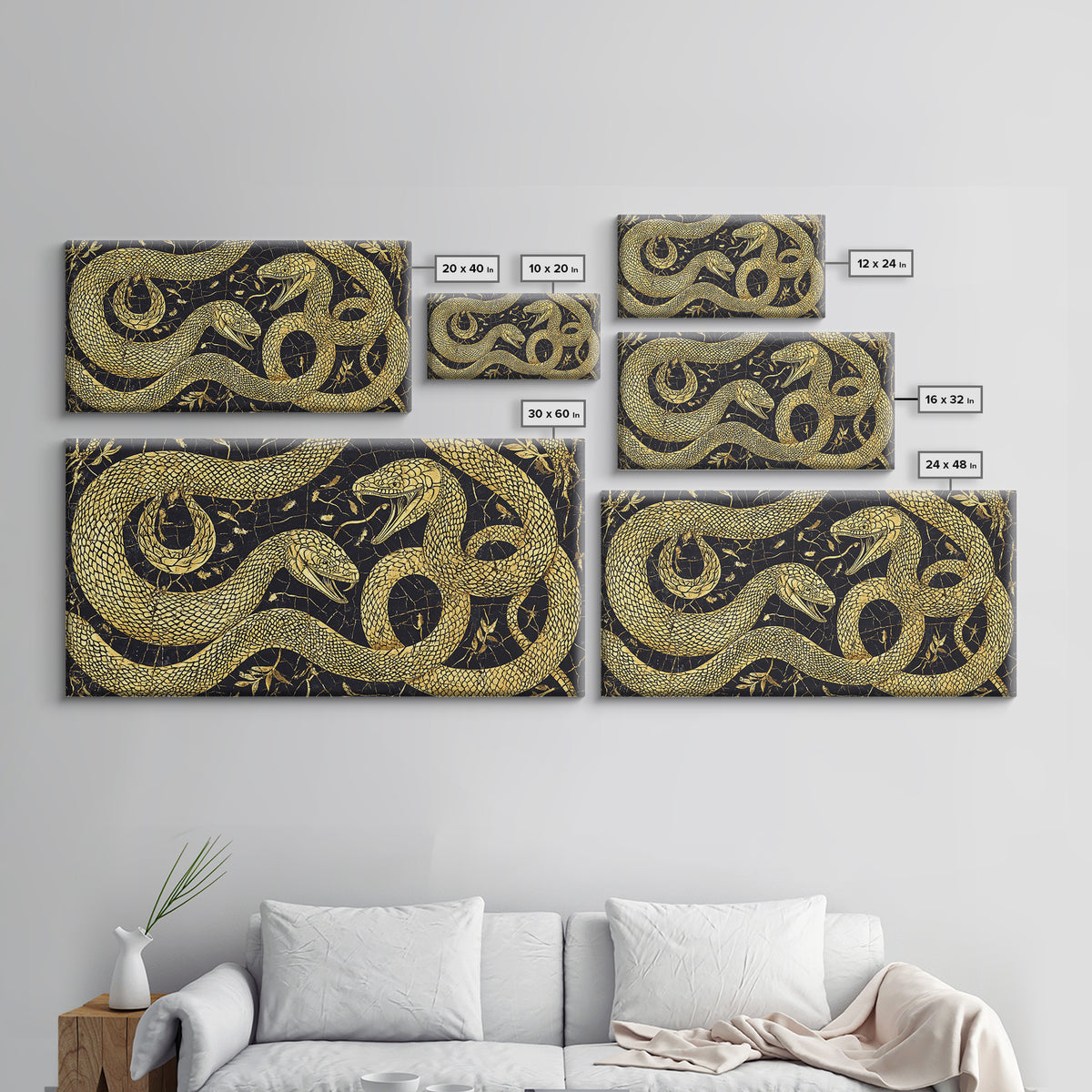 Gold Serpent Botanical Canvas Print, Black And Gold Snake Wall Art, African Inspired Luxury Decor For Bedroom And Office