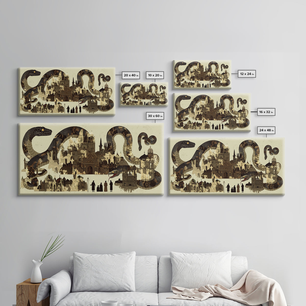 Sepia Serpent Cityscape Canvas Print, Historic Architecture Wall Art, Fantasy Snake Artwork For Study Room Decor Gift For Him