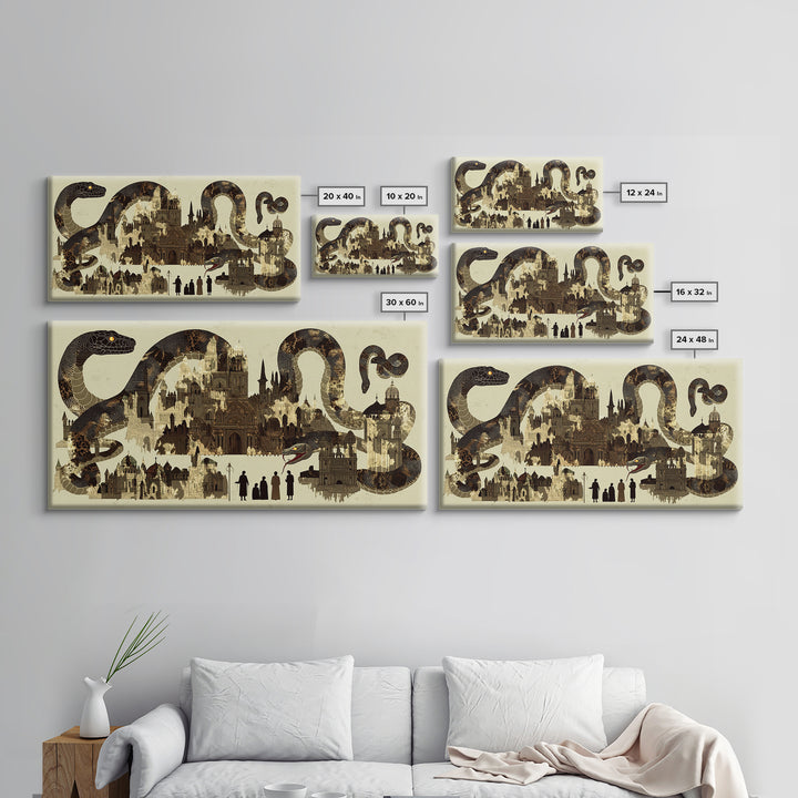 Sepia Serpent Cityscape Canvas Print, Historic Architecture Wall Art, Fantasy Snake Artwork For Study Room Decor Gift For Him