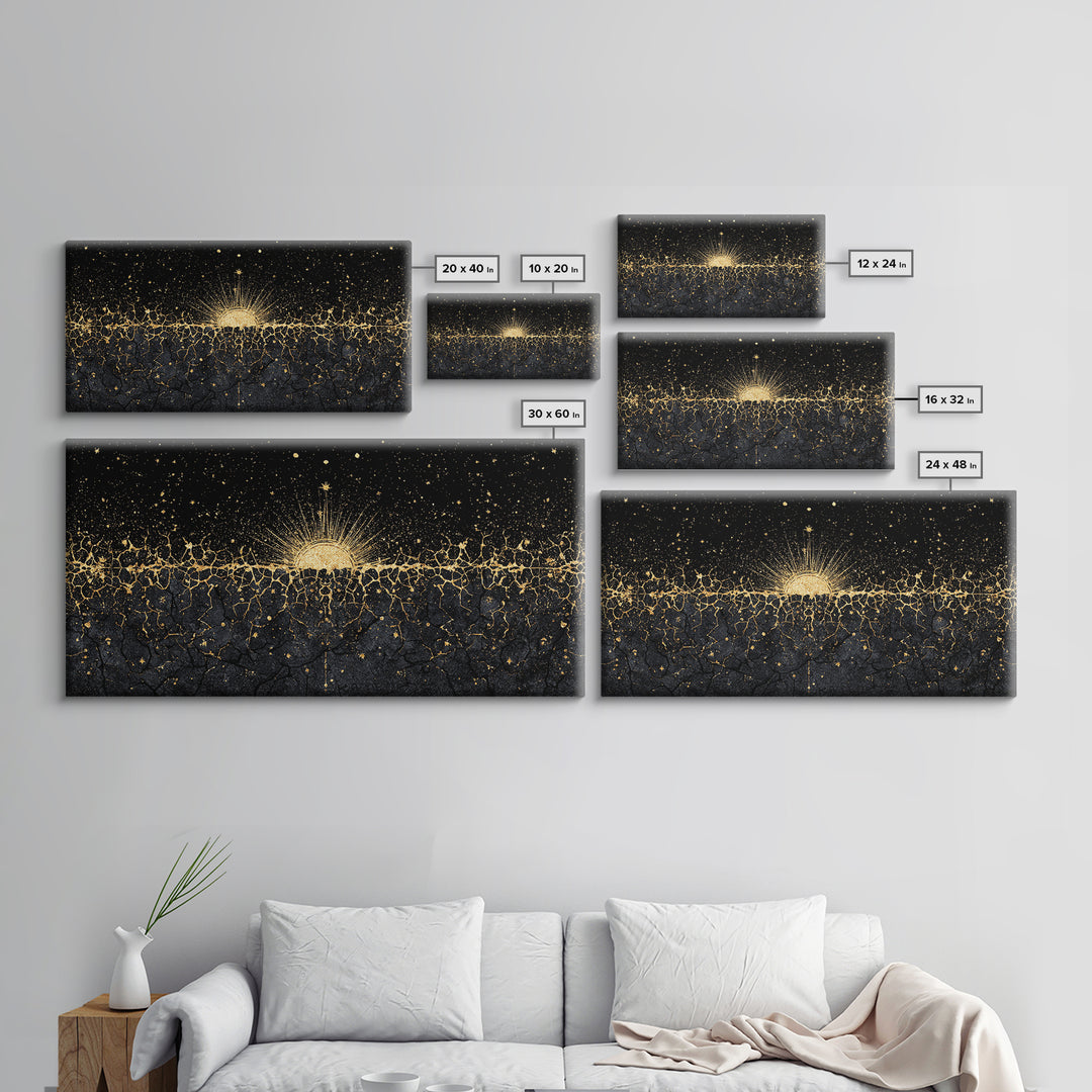 Golden Sunrise Over Ancestral Horizon Wall Art, Black And Gold Art, African Inspired, Spiritual Wall Art, Elegant Home Decor