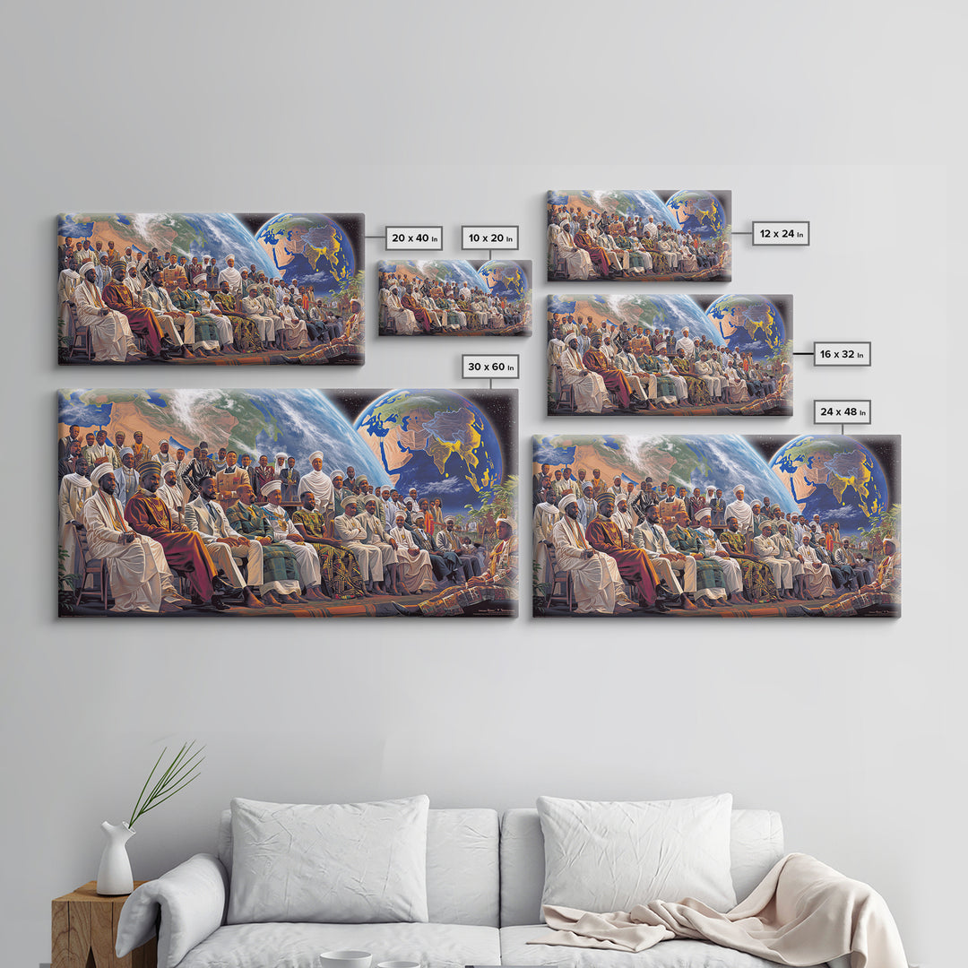 Pan African Assembly Beneath Planets Framed Canvas Print, African Wall Art, Black History Art, Afrocentric Cultural Home Decor