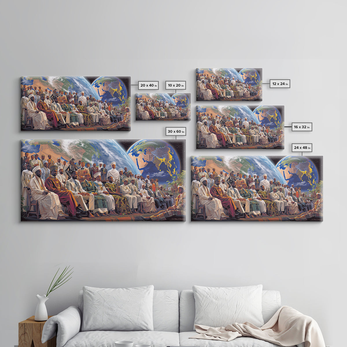 Pan African Assembly Beneath Planets Framed Canvas Print, African Wall Art, Black History Art, Afrocentric Cultural Home Decor