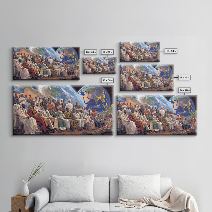 Pan African Assembly Beneath Planets Framed Canvas Print, African Wall Art, Black History Art, Afrocentric Cultural Home Decor