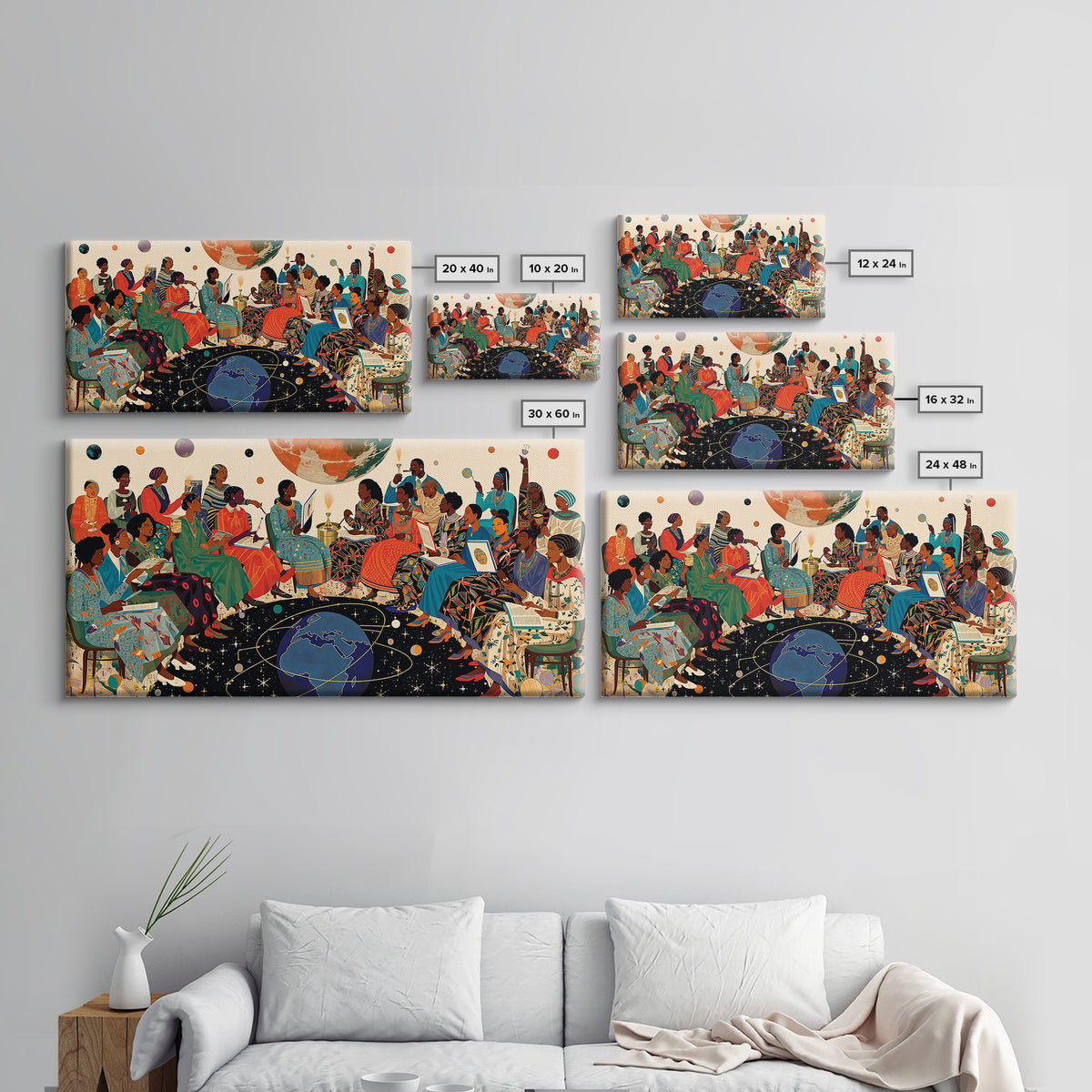 Cosmic African Women Circle With Planets Canvas Print, Black Women Art, Afrocentric Wall Art, Vibrant Cultural Home Decor
