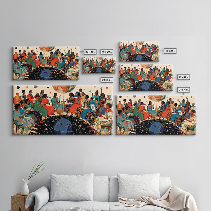 Cosmic African Women Circle With Planets Canvas Print, Black Women Art, Afrocentric Wall Art, Vibrant Cultural Home Decor