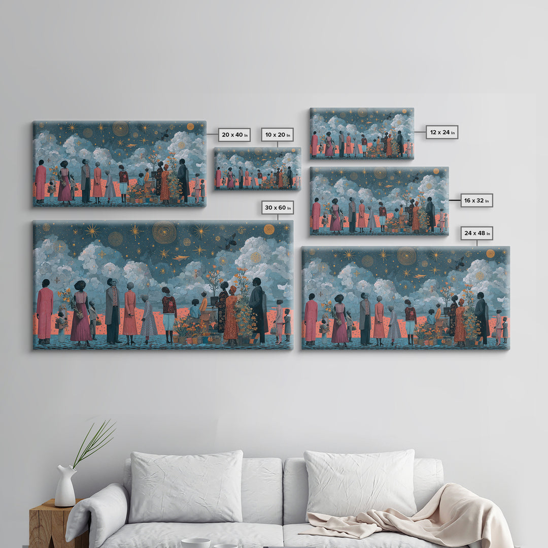 Starry Ancestral Gathering Beneath Clouded Sky Framed Canvas Print, African Wall Art, Spiritual Black Culture Decor Gift