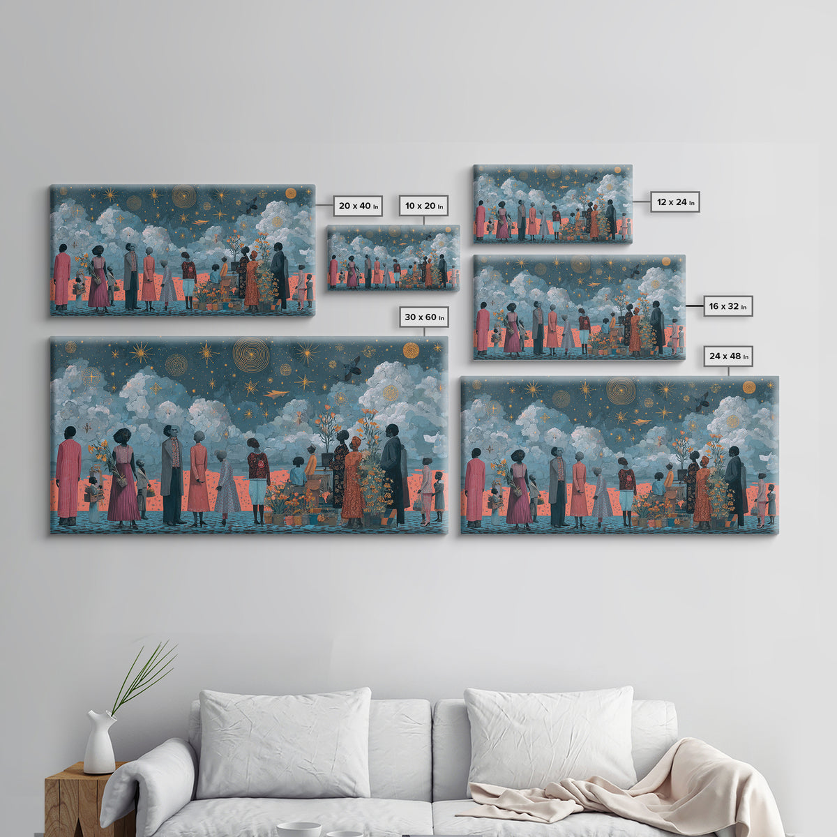 Starry Ancestral Gathering Beneath Clouded Sky Framed Canvas Print, African Wall Art, Spiritual Black Culture Decor Gift
