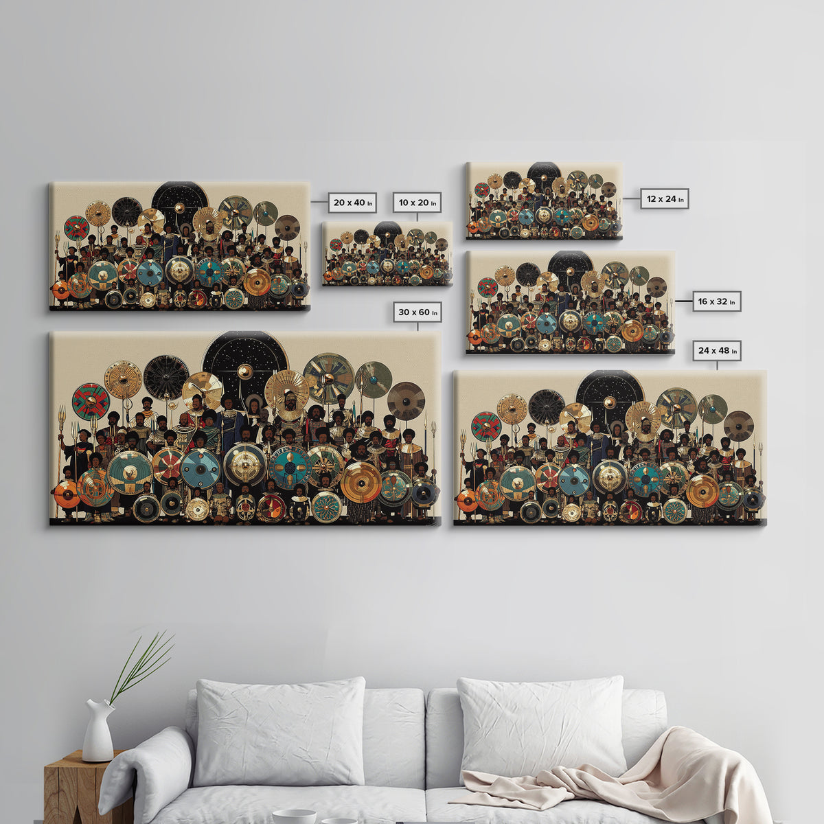 Regal African Shield Bearers With Tribal Parasols Framed Canvas Print, African Warrior Art, Black Culture Wall Decor Gift