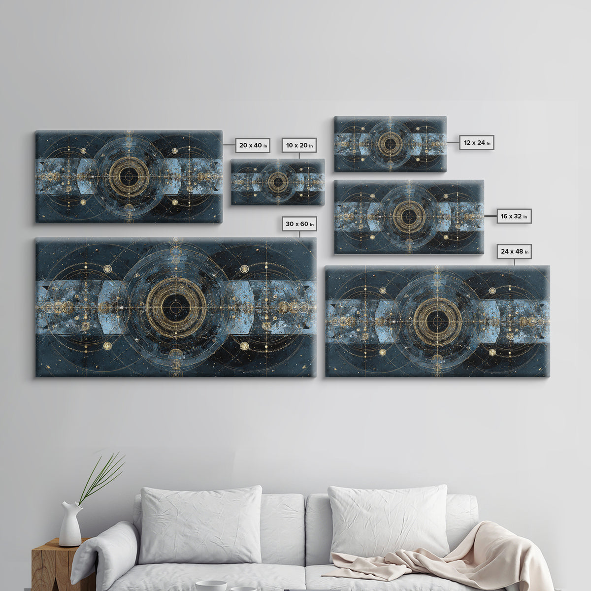 Blue Gold Cosmic Portal Canvas Print, Abstract Wall Art With Sacred Geometry, Modern Luxury Decor For Living Room And Office