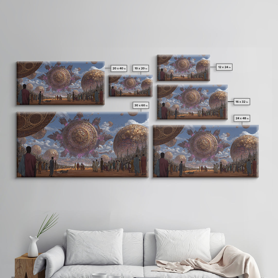 Afrofuturist Festival With Floating Golden Spheres Canvas Print, African Culture Wall Art, Futuristic City Decor Gift For Living Room