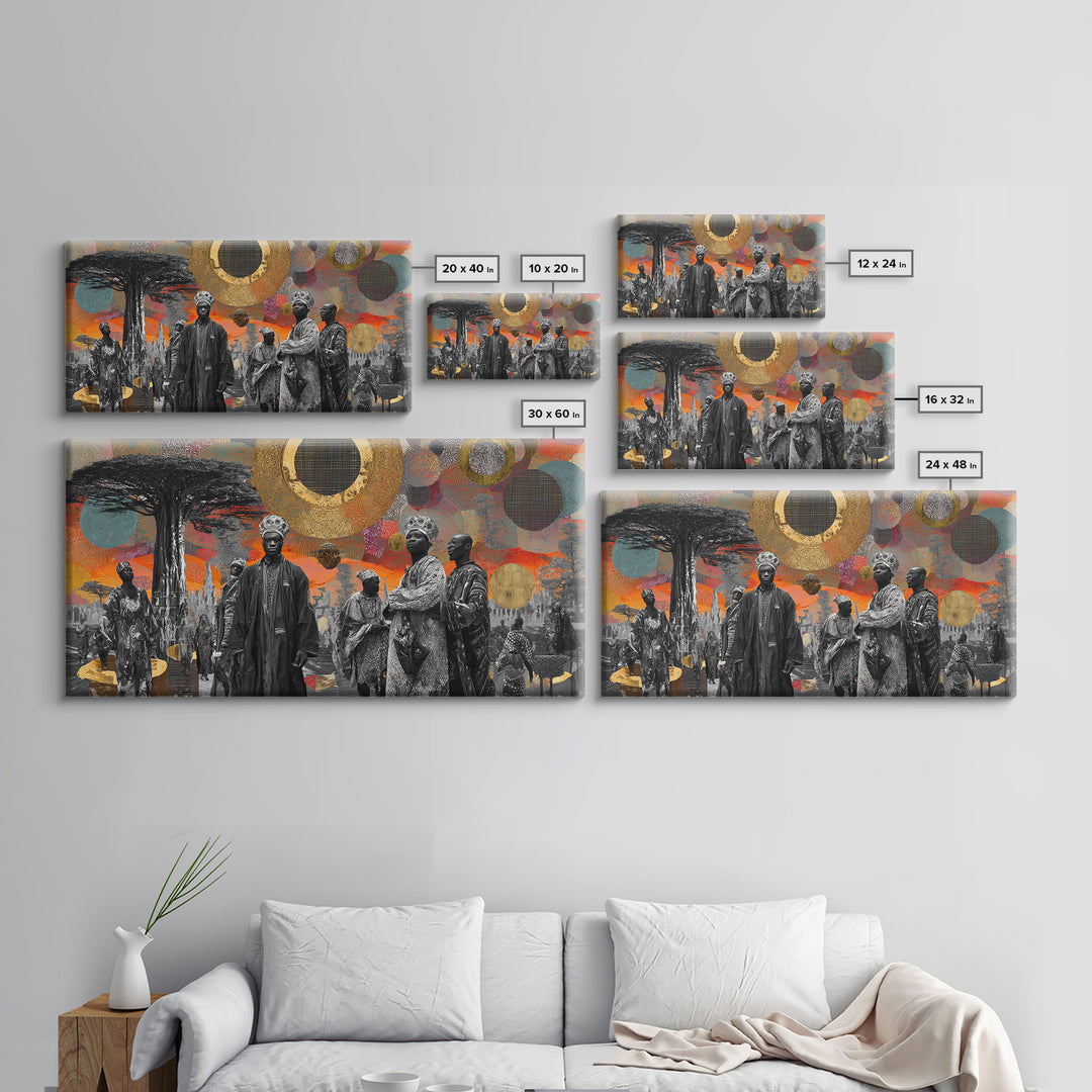 Royal African Figures Under Baobab Sun Wall Art, Afrocentric Black Culture Art, Gold Collage Canvas Print For Elegant Home Decor