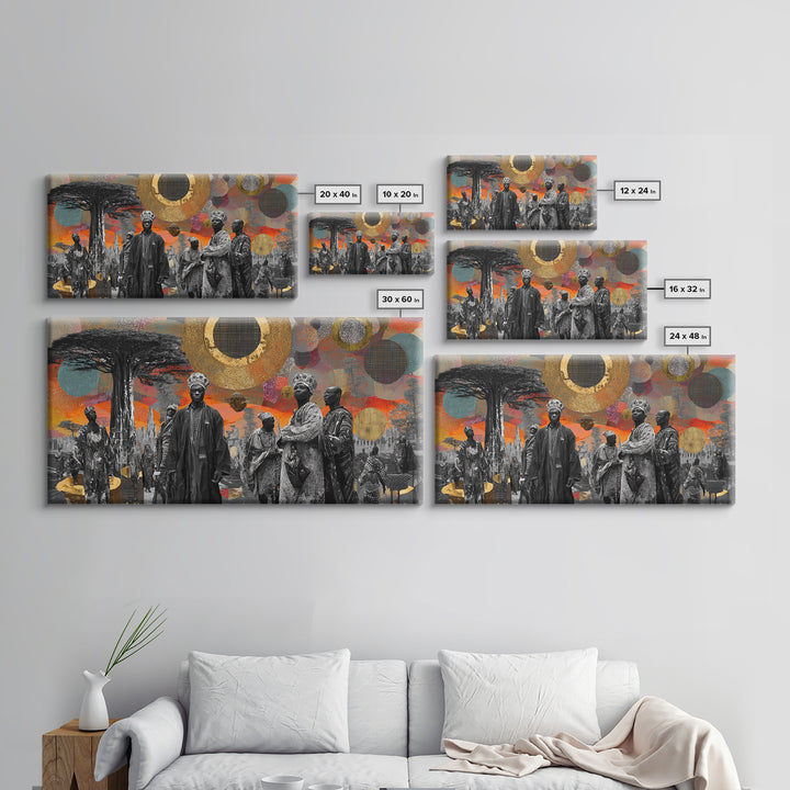 Royal African Figures Under Baobab Sun Wall Art, Afrocentric Black Culture Art, Gold Collage Canvas Print For Elegant Home Decor