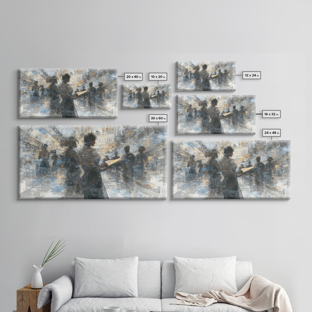Textured Silhouettes Reading In Blue Beige Light Wall Art, Abstract Canvas Print, Literary Office Decor Gift For Home Living Room