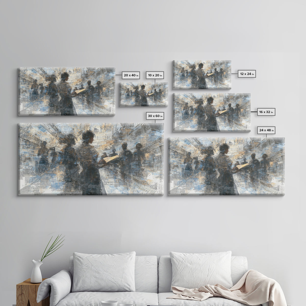 Textured Silhouettes Reading In Blue Beige Light Wall Art, Abstract Canvas Print, Literary Office Decor Gift For Home Living Room