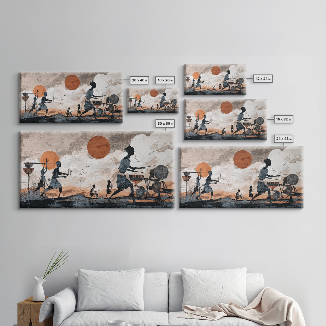Drumming Village Family Silhouettes Canvas Print, African Wall Art, Tribal Music Decor, Afrocentric Living Room Artwork Gift